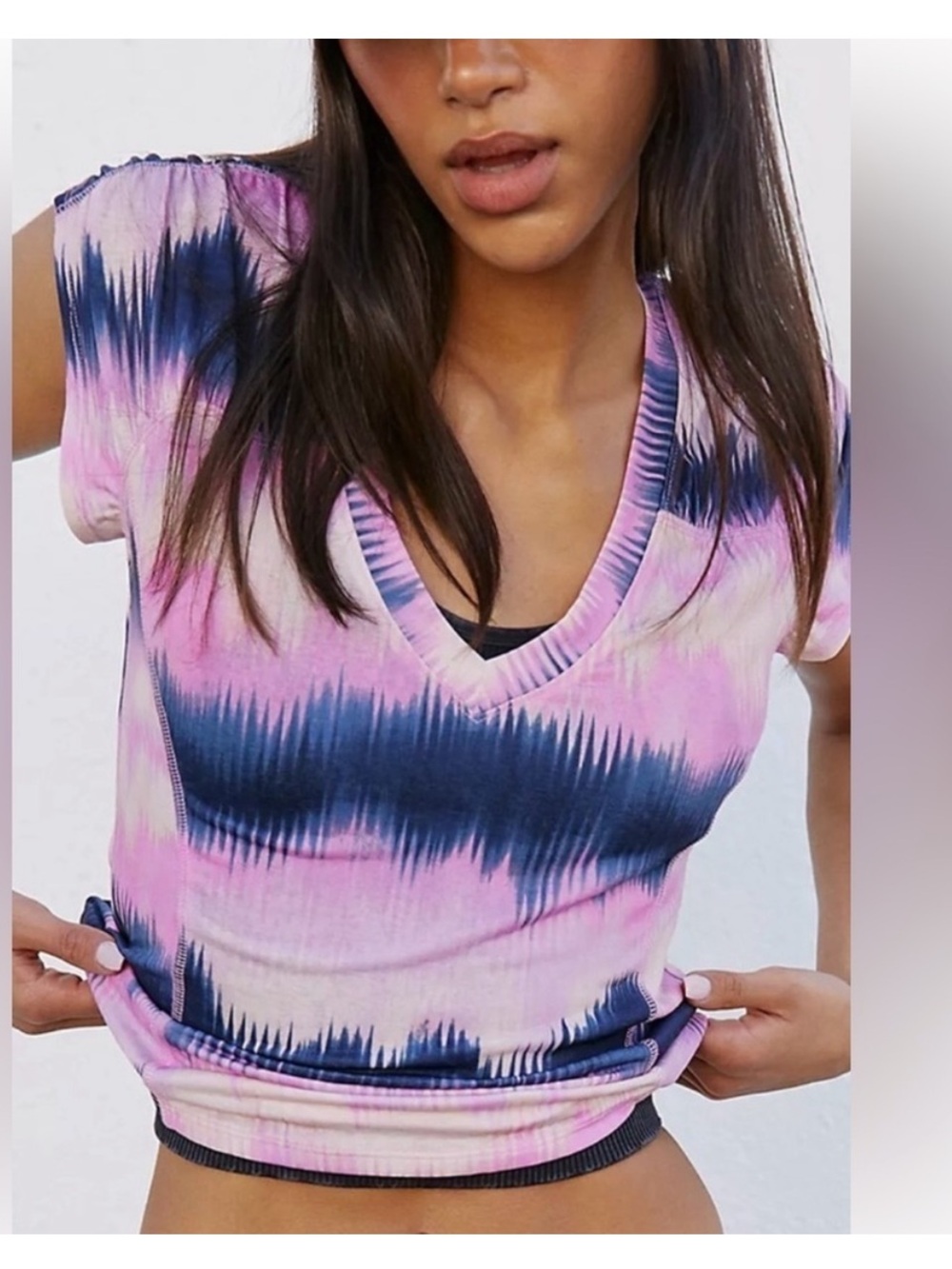 NWT! FP Movement by Free People Pink and Navy Tie-Dye V-Neck Tee, size medium